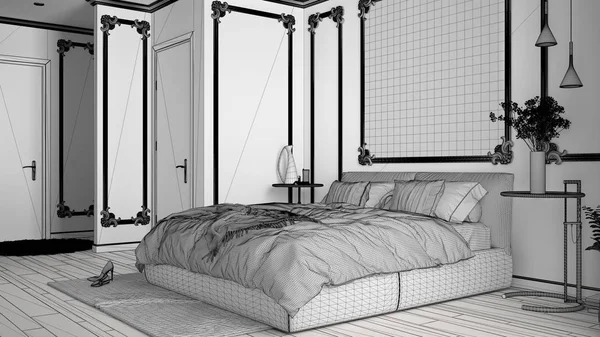 Niedokończony projekt nowoczesnej sypialni w klasycznym pokoju z Listwy ścienne, parkiet, podwójne łóżko z kołdrą i poduszkami, lustro i dekory, koncepcja architektury wnętrz — Zdjęcie stockowe