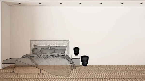 Interior branco vazio com piso em parquet e grande janela panorâmica, projeto de design de arquitetura personalizada, esboço de tinta preta, planta mostrando quarto minimalista com cama de casal — Fotografia de Stock