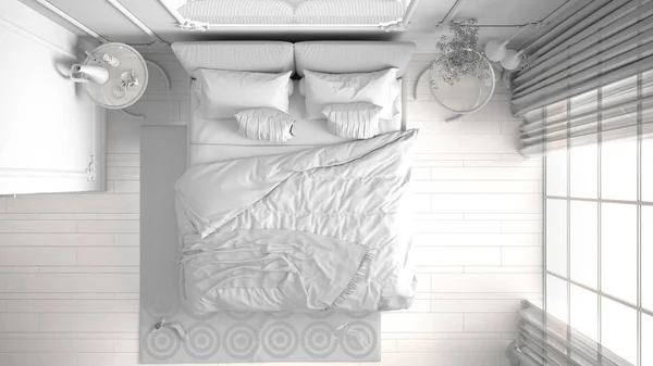 Totalt vitt projekt utkast av moderna sovrum i Classic-rum med vägglister, parkett, dubbelsäng med duntäcke och kuddar, spegel och dekorer, inredningskoncept, uppifrån, plan — Stockfoto