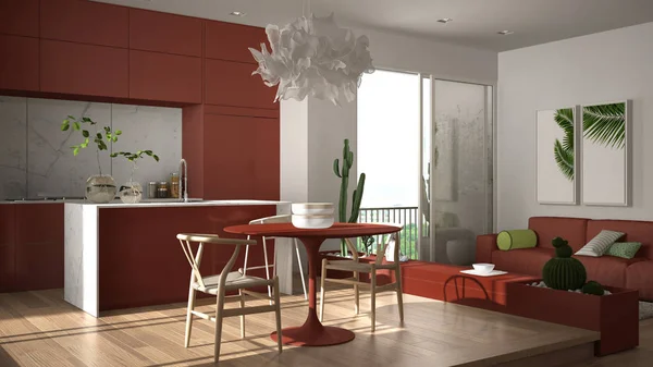 Design intérieur éco-vert, salon blanc et rouge avec canapé, cuisine, table à manger, plantes potagères succulentes, parquet, fenêtre, balcon panoramique. Architecture durable — Photo