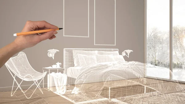 마루 바닥과 큰 파노라마 창, 손으로 그리기 사용자 정의 건축 디자인, 흰색 잉크 스케치, 현대적인 침실을 보여주는 청사진빈 흰색 인테리어 — 스톡 사진