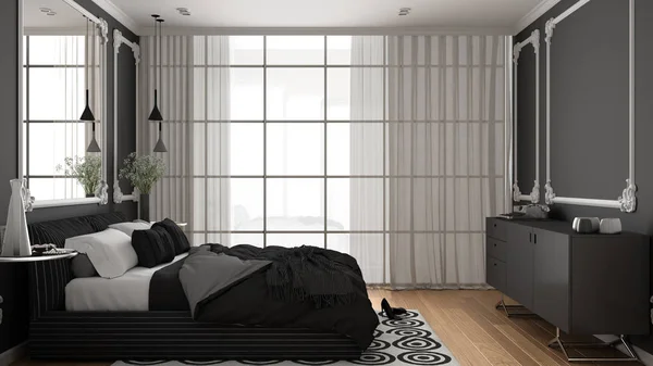 Modernes weißes und graues Schlafzimmer im klassischen Zimmer mit Wandleisten, Parkett, Doppelbett mit Bettdecke und Kissen, minimalistischen Nachttischen, Spiegel und Dekoren. Raumkonzept — Stockfoto