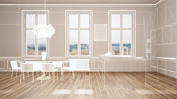 Empty white interior with parquet floor and big panoramic windows, custom architecture design project, white ink sketch, blueprint showing classic kitchen interior design