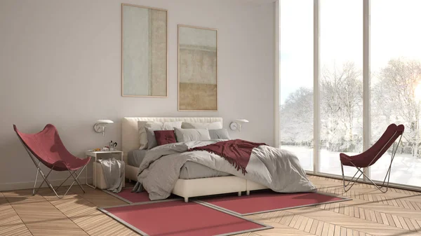 Modern röd färg minimalistisk sovrum, säng med kuddar och filtar, parkett, sängbord och matta. Panoramafönster med vinter Panorama med träd och snö, inredningsdesign — Stockfoto