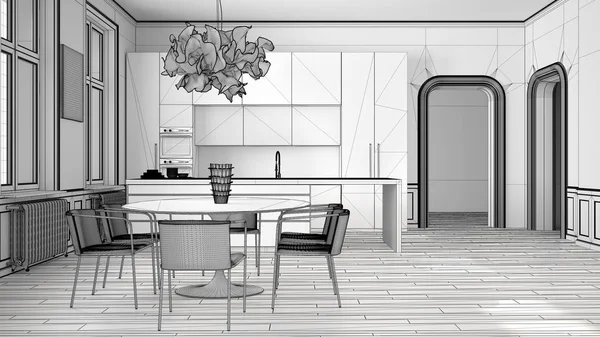 Nedokončený projekt minimalistické kuchyně v klasické místnosti, parketové podlaze, jídelní stůl, židle, ostrovní a panoramatická okna, koncepce moderního architektonického pojetí — Stock fotografie