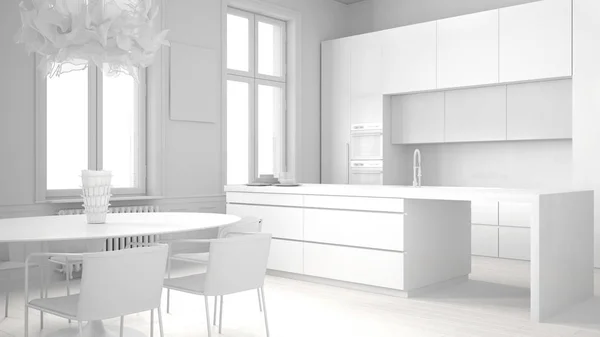 Полный белый проект проекта минималистской кухни в классическом помещении, паркетный пол, обеденный стол, стулья, островные и панорамные окна, концепция современной архитектуры — стоковое фото