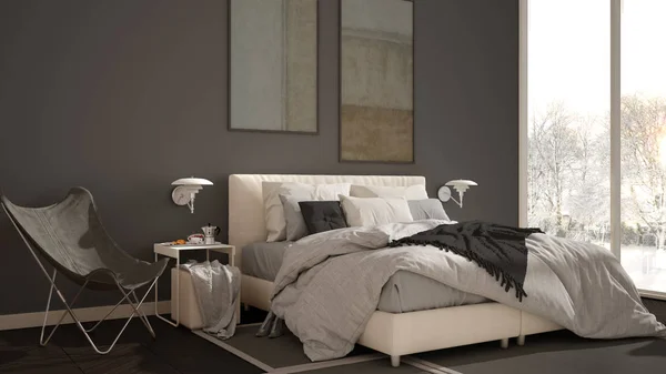 현대적인 회색 미니멀 한 침실, 베개와 담요가있는 더블 침대, 쪽모이 세공 마룻바닥 테이블 및 카펫. 나무와 눈, 인테리어 디자인겨울 파노라마 와 파노라마 창 — 스톡 사진
