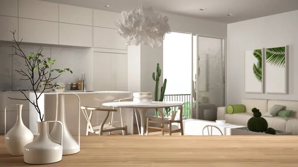 Trä bordsskiva eller hylla med minimalistiska moderna vaser över suddigt modernt vitt vardagsrum med trädetaljer och parkettgolv, minimalistisk arkitektur inredning — Stockfoto