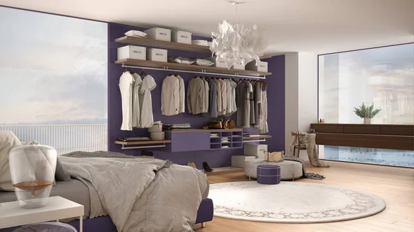 Dormitorio moderno blanco y violeta de lujo con cama doble y vestidor, suelo de parquet, ventana panorámica con panorama de invierno, alfombra, puf, diseño interior de arquitectura minimalista — Foto de Stock
