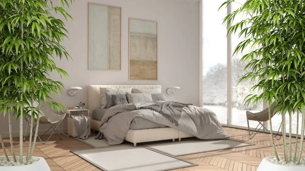 Zen interior with potted bamboo plant, natural interior design concept, minimalist luxury bedroom with carpets, double bed and window, contemporary modern architecture concept idea