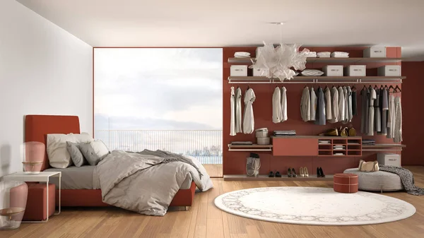 Luxuriöses weißes und rotes modernes Schlafzimmer mit Doppelbett und begehbarem Kleiderschrank, Parkettboden, Panoramafenster mit Winterpanorama, Teppich, Hocker, minimale Innenarchitektur — Stockfoto