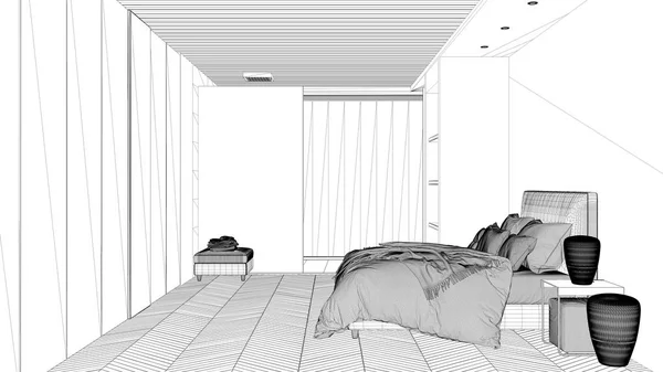 Proyecto de proyecto de anteproyecto, dormitorio minimalista en espacio contemporáneo con suelo de parquet, ducha, suelo de madera, cama, armario grande, gran ventana panorámica, idea de concepto de arquitectura moderna —  Fotos de Stock