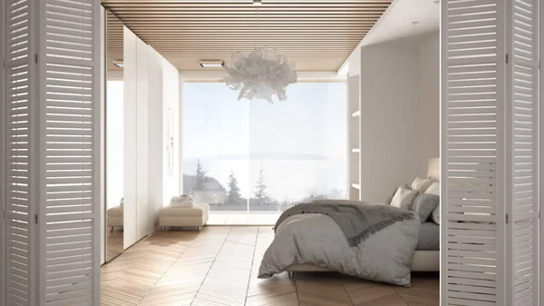 Apertura bianca della porta pieghevole sulla moderna camera da letto minimalista di lusso con letto matrimoniale, doccia e grande finestra panramica, interior design, concetto di architetto designer, sfondo sfocato — Foto Stock