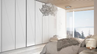 Mimar iç tasarımcı konsepti: gerçek olur bitmemiş proje, parke ile çağdaş alanda ana yatak odası, duş, yatak, panoramik pencere, lüks iç tasarım