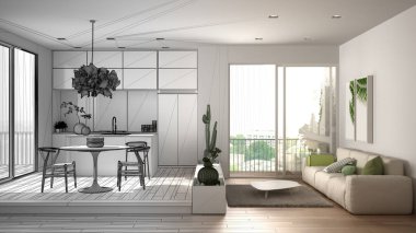 Mimar iç tasarımcı konsepti: gerçek olur bitmemiş proje, oturma odası, mutfak, yemek masası, lezzetli bitkiler, parke zemin, pencere, mimari iç tasarım