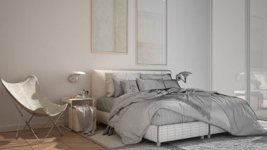 Mimar iç tasarımcı kavramı: gerçek olur bitmemiş proje, minimalist yatak odası, yastık ve battaniye ile yatak, parke, başucu masaları ve halı, büyük panoramik pencere