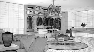 Gömme dolap, giyim, parke zemin, kış panoraması ile panoramik pencere, halı, puf, minimal mimari iç tasarım ile lüks modern yatak odası bitmemiş proje