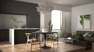 Eko yeşil iç tasarım, kanepe ile beyaz ve gri oturma odası, yemek masası ile mutfak, lezzetli saksı bitkileri, parke zemin, pencere, panoramik balkon. Sürdürülebilir mimari