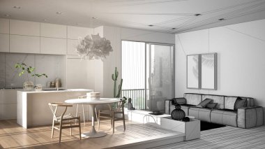 Mimar iç tasarımcı konsepti: gerçek olur bitmemiş proje, oturma odası, mutfak, yemek masası, lezzetli bitkiler, parke zemin, pencere, mimari iç tasarım