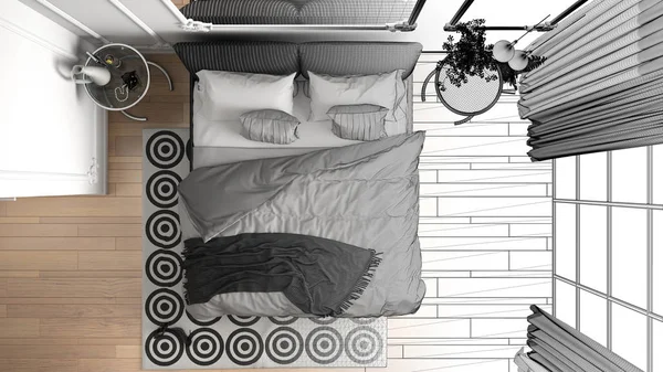 建筑师室内设计师概念：未完成的项目，成为真正的现代卧室在经典房间与墙壁成型，镶木地板，床，羽绒被，室内设计概念，顶视图 — 图库照片