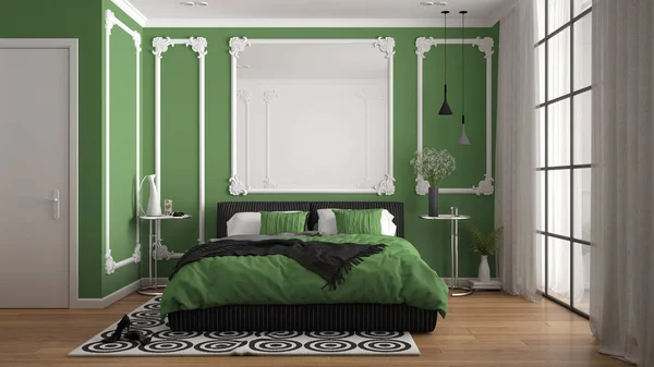 Moderno quarto de cor verde no quarto clássico com molduras de parede, parquet, cama de casal com edredão e travesseiros, mesas de cabeceira minimalistas, espelho e decorações. Conceito de design de interiores — Fotografia de Stock