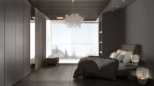 Μινιμαλιστικό λευκό και γκρι υπνοδωμάτιο στο σύγχρονο χώρο με παρκέ δάπεδο, ντους, ξύλινο δάπεδο, διπλό κρεβάτι, μεγάλη ντουλάπα με καθρέφτη, μεγάλο πανοραμικό παράθυρο, πολυτελή εσωτερική διακόσμηση — Φωτογραφία Αρχείου