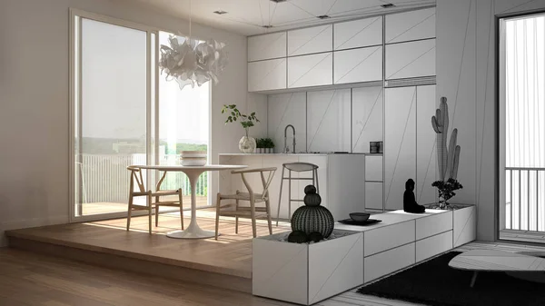 Architetto interior designer concept: progetto incompiuto che diventa realtà, cucina con tavolo da pranzo, piante succulente, pavimento in parquet, finestra, architettura interior design — Foto Stock