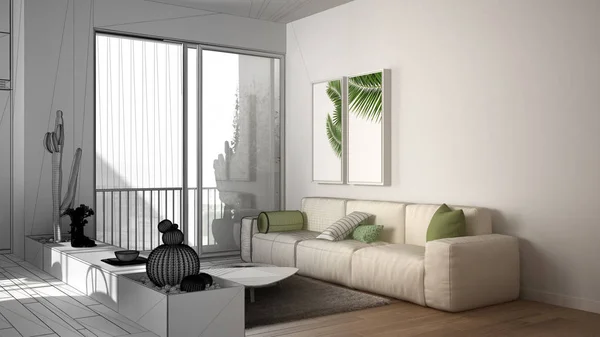Концепция архитектора интерьера: незавершенный проект, который становится реальным, гостиная с диваном, ковер и подушки, сочные растения, паркетный пол, окно, архитектурный дизайн интерьера — стоковое фото