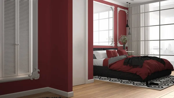 Modern red colored bedroom in classic room with wall moldings, parquet floor, double bed with duvet and pillows, minimalist bedside tables, mirror and decors. Interior design concept