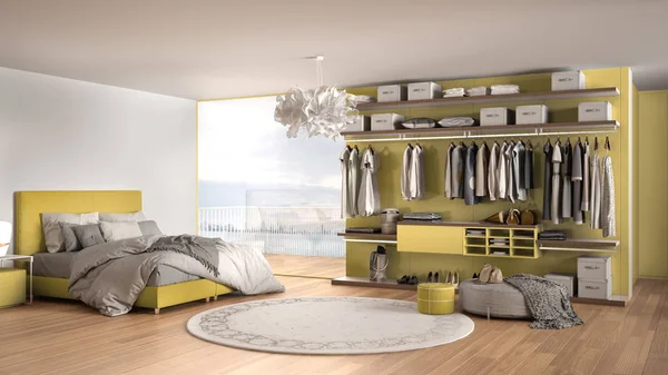 Luxus weiß-gelb modernes Schlafzimmer mit Doppelbett und begehbarem Kleiderschrank, Kleidung, Parkett, Panoramafenster mit Winterpanorama, Teppich, Hocker, minimale Architektur Innenarchitektur — Stockfoto