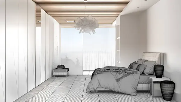 Architekt wnętrz koncepcji projektanta: niedokończony projekt, który staje się prawdziwym, sypialnia w nowoczesnej przestrzeni z parkietem, prysznicem, łóżko, panoramiczne okno, luksusowe wnętrze projektu — Zdjęcie stockowe