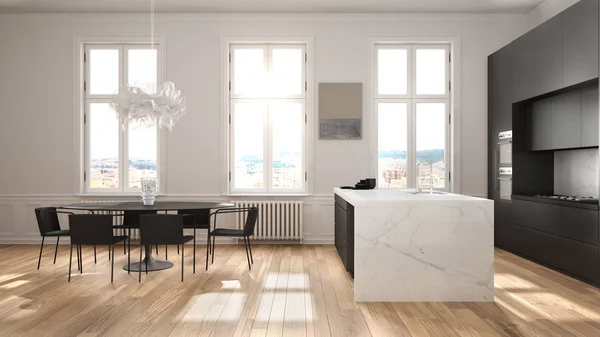 Minimalistyczna biała i czarna kuchnia w klasycznym pokoju z listwy, parkiet, stół z krzesłami, marmurowa wyspa i panoramiczne okna. Nowoczesna architektura wnętrz — Zdjęcie stockowe