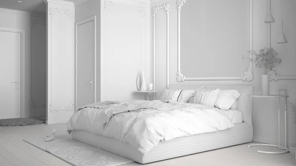 Całkowity projekt białego projektu nowoczesnej sypialni w klasycznym pokoju z Listwy ścienne, parkiet, podwójne łóżko z kołdrą i poduszkami, lustro i dekory, koncepcja architektury wnętrz — Zdjęcie stockowe