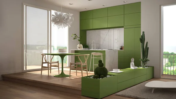 Οικολογικό πράσινο εσωτερικό σχεδιασμό, λευκό και χρωματιστό σαλόνι με καναπέ, κουζίνα, τραπέζι φαγητού, ζουμερά φυτά σε γλάστρες, παρκέ δάπεδο, παράθυρο, πανοραμικό μπαλκόνι. Βιώσιμη αρχιτεκτονική — Φωτογραφία Αρχείου