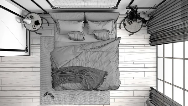 Ofullbordat projekterar av av modernt sovrum i klassiskt rum med vägglister, parkett, dubbelsäng med duntäcke och kuddar, spegel och dekorer, inredningskoncept, uppifrån, plan — Stockfoto