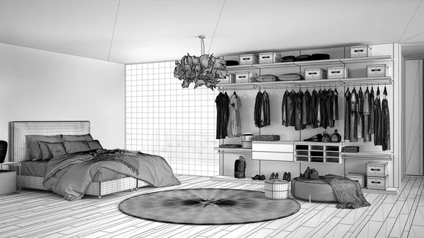 Ofullbordade projekt av lyxiga moderna sovrum med walk-in garderob, kläder, parkettgolv, panoramafönster med vinter Panorama, matta, pouf, minimal arkitektur Interior Design — Stockfoto