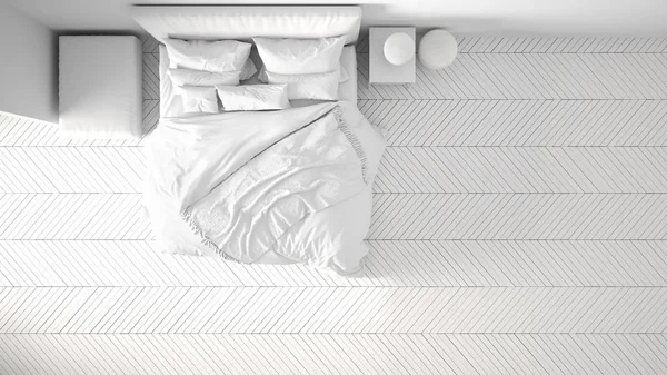 Projet blanc total de fond blanc minimaliste avec chambre à coucher dans un espace contemporain avec parquet, lit double et oreillers, modèle de design d'intérieur, plan, vue dessus — Photo