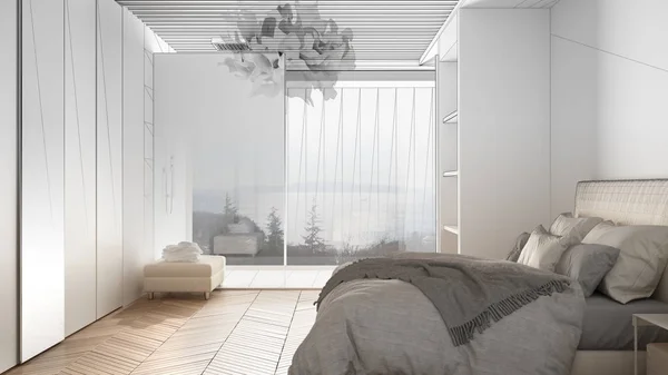 Architect interieur ontwerper concept: onvoltooide project dat wordt echt, Master slaapkamer in moderne ruimte met parket, douche, bed, panoramisch raam, luxe interieur design — Stockfoto
