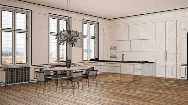 Empty white interior with parquet floor and big panoramic windows, custom architecture design project, black ink sketch, blueprint showing classic kitchen interior design — Stock Photo, Image