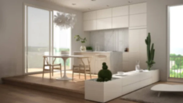 Дизайн интерьера: кухня с обеденным столом, сочные горшки, паркетный пол, окно, панорамный балкон, современная архитектурная концепция — стоковое фото
