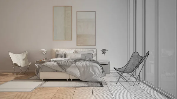 Concept d'architecte d'intérieur : projet inachevé qui devient réel, chambre minimaliste, lit avec oreillers et couvertures, parquet, tables de chevet et tapis, grande fenêtre panoramique — Photo
