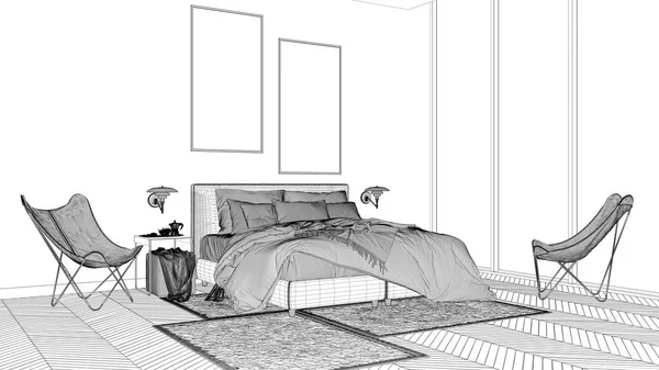 Проект відбитка, мінімалістична спальня, ліжко з подушками та ковдрами, паркет, приліжкові тумби та килим, велике панорамне вікно, концепція сучасної архітектури — стокове фото