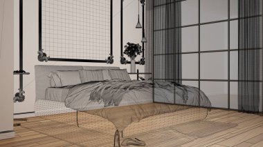 Parke zemin ve pervaz ile beyaz duvarlar ile boş beyaz iç, özel mimari tasarım projesi, siyah mürekkep kroki, modern yatak odası iç tasarım gösteren plan