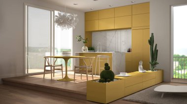 Eko yeşil iç tasarım, kanepe ile beyaz ve sarı oturma odası, mutfak, yemek masası, sulu saksı bitkileri, parke zemin, pencere, panoramik balkon. Sürdürülebilir mimari