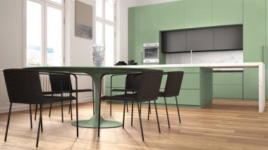 Minimalist yeşil ve siyah mutfak klasik odada kalıplar, parke zemin, sandalye, mermer ada ve panoramik pencereler ile yemek masası. Modern mimari iç tasarım