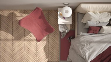 Modern kırmızı renkli minimalist yatak odası, yastık ve battaniye, ringa kemiği parke zemin, başucu masaları, koltuk ve halı ile yatak. Mimarlık, iç tasarım konsepti, üst görünüm
