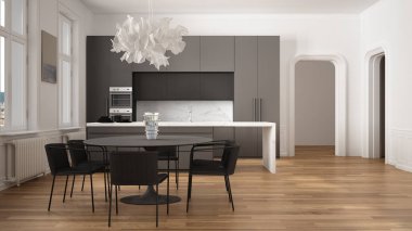 Minimalist beyaz ve siyah mutfak klasik odada kalıplar, parke zemin, sandalye, mermer ada ve panoramik pencereler ile yemek masası. Modern mimari iç tasarım