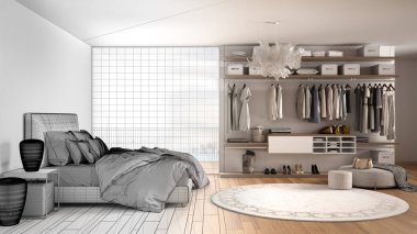Mimar iç tasarımcı konsepti: gerçek olur bitmemiş proje, gömme dolap ile lüks modern yatak odası, giyim, parke zemin, panoramik pencere, minimal mimari