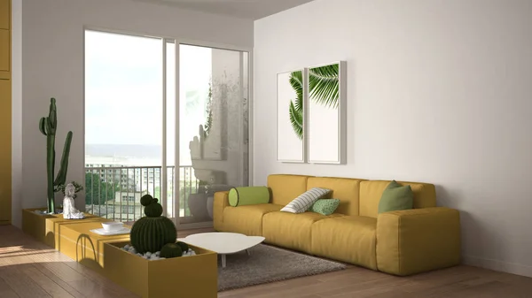Eco verde design de interiores, branco e amarelo sala de estar com sofá, cozinha, mesa de jantar, plantas em vaso suculentas, piso em parquet, janela, varanda panorâmica. Arquitetura sustentável — Fotografia de Stock
