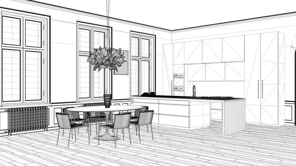 Проект чертежа, минималистская кухня в классическом помещении с лепниной, паркетный пол, обеденный стол со стульями, концепция дизайна интерьера современной архитектуры — стоковое фото